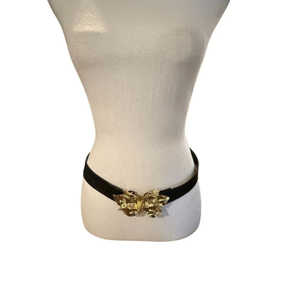 Vintage Gay Boyer Black Belt Gold Leaf Flower Bow Buckle ~29